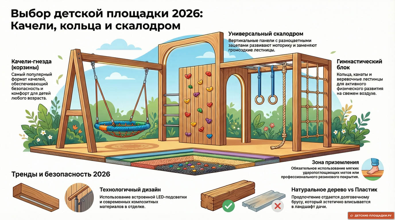 Оборудование для детской площадки на даче: качели, кольца и скалодром
