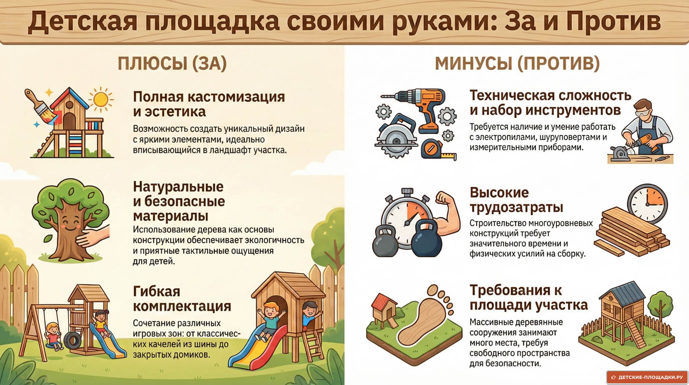 Детская площадка для дачи своими руками: за и против — инфографика